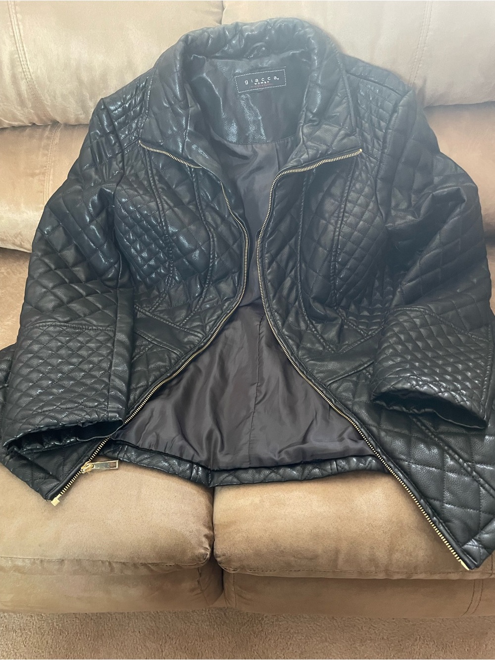 Gibson Black Quilted Faux Leather Puffer Jacket with Gold Zipper